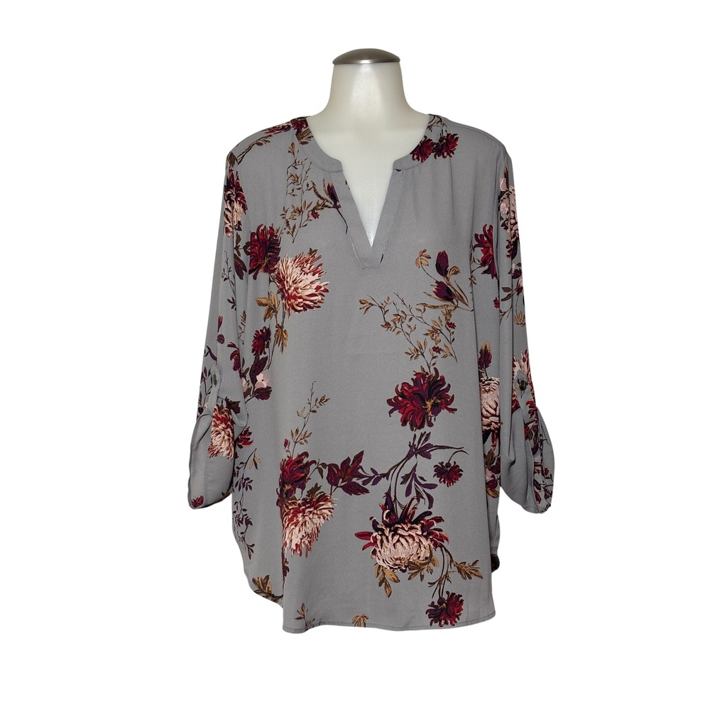 Maurices Floral V-Neck Blouse Womens XL Gray Burgundy Roll-Tab Sleeve NWT